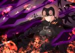  1girl ahoge armor armored_dress aura bangs black_cape black_dress blurry blurry_foreground breasts brown_eyes brown_hair burning cape chain closed_mouth commentary_request dark_aura depth_of_field dress eyebrows_visible_through_hair fate/grand_order fate_(series) fire gauntlets hair_between_eyes headpiece highres hikashou holding holding_sword holding_weapon jeanne_d&#039;arc_(alter)_(fate) jeanne_d&#039;arc_(fate)_(all) medium_breasts smile solo sword torn_cape torn_clothes upper_body weapon 