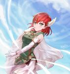 1girl artist_name azto_dio blush cape clouds commentary dated dress elbow_gloves english_commentary fire_emblem fire_emblem:_rekka_no_ken gloves green_dress green_eyes hair_ornament hand_on_own_cheek highres priscilla_(fire_emblem) redhead see-through short_hair single_wing sky solo white_gloves winged_hair_ornament wings 