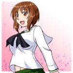  1girl bangs beni_(bluebluesky) black_neckwear blouse brown_eyes brown_hair commentary confetti eyebrows_visible_through_hair girls_und_panzer gradient gradient_background green_skirt long_sleeves looking_at_viewer neckerchief nishizumi_miho ooarai_school_uniform open_mouth outside_border pink_background pleated_skirt school_uniform serafuku short_hair skirt smile solo standing upper_body white_blouse 