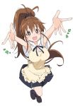  1girl :d antenna_hair black_skirt brown_eyes brown_footwear brown_hair ixy long_hair looking_at_viewer open_mouth outstretched_arms ponytail shirt shoes short_sleeves simple_background skirt smile solo taneshima_popura waitress white_background white_shirt working!! 