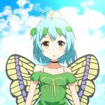  1girl :o alternate_costume antennae bangs bare_shoulders black_choker blue_hair blue_sky blush bra_strap butterfly_wings cato_(monocatienus) choker clouds commentary_request day dress eternity_larva eyebrows_visible_through_hair green_dress leaf looking_at_viewer off-shoulder_dress off_shoulder open_mouth outdoors ribbon short_hair sky solo sweat touhou upper_body wings yellow_eyes yellow_ribbon 