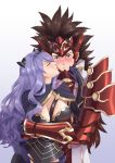  1boy 1girl absurdres aequorine arm_guards armor blush breasts brown_hair camilla_(fire_emblem_if) capelet closed_eyes embarrassed fire_emblem fire_emblem_if gloves headgear highres hug hug_from_behind kiss large_breasts long_hair purple_hair ryouma_(fire_emblem_if) spiky_hair 