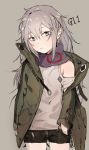  1girl absurdres bangs bare_shoulders black_shorts blush brown_background character_name closed_mouth commentary_request cowboy_shot g11_(girls_frontline) girls_frontline green_jacket grey_eyes grey_hair grey_shirt hair_between_eyes hand_in_pocket head_tilt highres hiranko jacket long_hair looking_at_viewer messy_hair no_hat no_headwear open_clothes open_jacket scarf shirt shorts shoulder_cutout sidelocks silver_hair simple_background solo thighs very_long_hair 