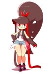  1girl absurdres bag bandaid bangs baseball_cap black_hair blunt_bangs boots bow cosplay creatures_(company) full_body gaghiel_(diives) game_freak gen_3_pokemon hair_bow hand_on_hip hat highres long_hair mawile messenger_bag monster_girl multicolored_hair nintendo no_humans poke_ball pokemon red_bow red_eyes sharp_teeth shoelaces short_shorts shorts shoulder_bag sidelocks simple_background sleeveless solo standing streaked_hair teeth touko_(pokemon) touko_(pokemon)_(cosplay) very_long_hair vest white_background 