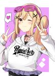  1girl ;) bang_dream! bangs blonde_hair blush brown_eyes closed_mouth clothes_writing collarbone double_v drawstring eyebrows_visible_through_hair eyewear_on_head frills group_name hair_between_eyes hair_ornament hands_up heart hood hood_down hoodie ichigaya_arisa itou_ayasa long_hair long_sleeves minato_yu one_eye_closed pink-framed_eyewear purple_background seiyuu_connection shutter_shades sleeves_past_wrists smile solo song_name spoken_heart twintails two-tone_background upper_body v white_background white_hoodie x_hair_ornament 