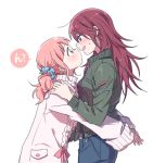  2girls bang_dream! bangs blue_eyes blue_scrunchie blush denim eye_contact face-to-face from_side green_eyes green_jacket hair_ornament hair_scrunchie hands_on_another&#039;s_shoulders hug jacket jeans long_hair long_sleeves looking_at_another multiple_girls open_mouth pants pink_hair pink_ribbon re_ghotion redhead ribbon scrunchie simple_background sweatdrop sweater twintails udagawa_tomoe uehara_himari white_background white_sweater yuri 