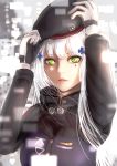  1girl bangs beret blunt_bangs blush breasts clothes_writing commentary_request eyebrows_visible_through_hair facial_mark girls_frontline gloves green_eyes hair_ornament hands_on_headwear hat hazuki_kono highres hk416_(girls_frontline) jacket large_breasts long_hair looking_at_viewer parted_lips pink_lips sidelocks solo teardrop upper_body white_hair 