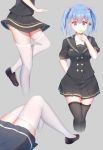 1girl absurdres arm_behind_back black_footwear black_legwear black_shirt black_skirt blue_hair eating food gei_daipf grey_background hair_bobbles hair_ornament highres ice_cream iron_cross loafers long_hair lower_body miniskirt multiple_views prinz_eugen_(warship_girls_r) red_eyes school_uniform shirt shoes short_sleeves skirt smile thigh-highs twintails warship_girls_r white_legwear zettai_ryouiki