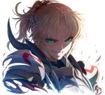  1girl armor blonde_hair breastplate commentary_request fate/apocrypha fate/grand_order fate_(series) green_eyes grin highres imizu_(nitro_unknown) looking_at_viewer mordred_(fate)_(all) shadow short_hair short_ponytail shoulder_armor shoulder_spikes sidelocks sketch smile solo spikes upper_body white_background 