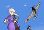  2girls aircraft airplane bangs bird black_hair blonde_hair blue_eyes blue_sky blunt_bangs bob_cut cowboy_shot daitou_(kantai_collection) e16a_zuiun gradient_sky hair_ornament hakama happi hat high_ponytail japanese_clothes kantai_collection long_hair machinery multiple_girls porusasu red_hakama sailor_hat seagull shin&#039;you_(kantai_collection) short_hair side_ponytail sidelocks sky 