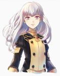  1girl akke fire_emblem fire_emblem:_three_houses jacket long_hair looking_at_viewer lysithea simple_background smile solo uniform violet_eyes white_background white_hair 