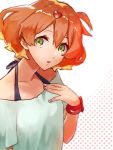  1girl black_ribbon blonde_hair bracelet collarbone freyja_wion green_eyes hair_between_eyes hair_ornament halterneck heart heart_hair_ornament jewelry looking_at_viewer macross macross_delta multicolored_hair off-shoulder_shirt off_shoulder open_mouth orange_hair pote-mm ribbon shiny shiny_hair shirt short_hair short_sleeves solo two-tone_hair white_background white_shirt 