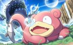  bubble day gen_1_pokemon gen_7_pokemon no_humans outdoors pokemon pokemon_(creature) slowpoke tonami_kanji wishiwashi 