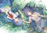  2girls bangle blue_eyes blue_hair blue_skirt bow bracelet breasts collarbone commentary_request day debt dress eyebrows_visible_through_hair flat_chest grass grey_hoodie hair_between_eyes hair_bow hinanawi_tenshi hood hood_down interlocked_fingers jewelry layered_dress loli_ta1582 long_hair looking_at_viewer lying multiple_girls neck_ribbon no_hat no_headwear on_back on_grass on_ground open_mouth outdoors puffy_short_sleeves puffy_sleeves red_eyes red_neckwear ribbon short_sleeves skirt small_breasts touhou upside-down very_long_hair yorigami_shion 