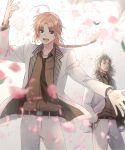  2boys :d abuto arm_up belt blue_eyes blurry_foreground braided_ponytail brown_hair brown_neckwear brown_shirt cherry_blossoms collared_shirt da_raku dress_shirt eyebrows_visible_through_hair floating_hair gintama hand_in_pocket highres jacket kamui_(gintama) long_hair looking_at_viewer male_focus multiple_boys open_clothes open_jacket open_mouth outstretched_arm pants ponytail shirt smile standing white_jacket white_pants wing_collar 