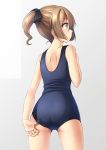  1girl adjusting_clothes adjusting_swimsuit ass bangs bare_arms bare_shoulders black_bow blue_swimsuit blush bow brown_eyes brown_hair closed_mouth commentary_request eyebrows_visible_through_hair grey_background hair_between_eyes hair_bow hand_up highres looking_away looking_to_the_side old_school_swimsuit one-piece_swimsuit original ponytail school_swimsuit shibacha sidelocks solo standing swimsuit two-tone_background white_background 