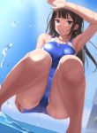  1girl armpits ass black_hair blue_eyes blush breasts competition_swimsuit eto highres long_hair looking_at_viewer one-piece_swimsuit original solo squatting swimsuit water wet 