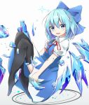  1girl :d absurdres black_legwear blue_dress blue_eyes blue_hair blush bow cirno dress eyebrows_visible_through_hair floating folded_leg hair_between_eyes hair_bow highres ice iyo_(ya_na_kanji) knees_up looking_at_viewer neck_ribbon no_shoes open_mouth pinafore_dress puffy_short_sleeves puffy_sleeves red_ribbon ribbon shirt shirt_under_dress short_hair short_sleeves simple_background skirt_hold smile solo sparkle thigh-highs touhou white_background white_shirt wing_collar wings 