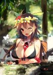  1girl ;d ahoge bangs bare_shoulders bikini black_bikini black_wings blurry blurry_background blush bow breasts brown_hair bug butterfly commentary_request english_text fang feathered_wings flower green_bow hair_bow hair_flower hair_ornament head_wreath highres insect large_breasts leaf long_hair looking_at_viewer one_eye_closed open_mouth red_eyes red_flower reiuji_utsuho sidelocks smile solo swimsuit tetsurou_(fe+) touhou upper_body wings yellow_flower 