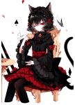  1girl absurdres animal_ear_fluff animal_ears artist_name bangs black_hair black_hairband black_legwear black_shirt bow brooch bug butterfly cat_ears cat_tail chair cropped_legs cup earrings eyebrows_visible_through_hair eyelashes flower frilled_sleeves frills gothic_lolita hair_between_eyes hairband hand_up high-waist_skirt highres holding holding_cup insect jewelry juliet_sleeves lolita_fashion lolita_hairband long_sleeves looking_at_viewer nail_polish one_eye_closed original pantyhose petals petticoat puffy_sleeves red_bow red_eyes red_flower red_nails red_rose red_skirt revision rose rose_petals sheya shirt short_hair signature simple_background sitting skirt solo spade_(shape) table tail teacup white_background wide_sleeves 
