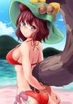  1girl animal_ears ass beach bell bikini blue_sky blush bracelet breasts commentary_request day futatsuiwa_mamizou glasses green_headwear hat hat_bell highres jewelry jingle_bell large_breasts looking_at_viewer looking_back nioti ocean outdoors pince-nez raccoon_ears raccoon_tail red_bikini short_hair sideboob sky smile solo swimsuit tail tanuki touhou 