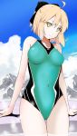  1girl ahoge aqua_swimsuit arm_support black_bow blonde_hair blue_background bow breasts breasts_apart closed_mouth clouds collarbone competition_swimsuit covered_navel cowboy_shot day fate/grand_order fate_(series) hair_between_eyes hair_bow head_tilt highres looking_at_viewer okita_souji_(fate) okita_souji_(fate)_(all) one-piece_swimsuit outdoors short_hair solo swimsuit thigh_gap wading yellow_eyes yoshinaga_yunosuke 