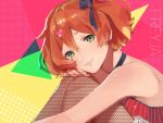  1girl blonde_hair character_name choker fishnet_legwear fishnets freyja_wion green_eyes hair_between_eyes hair_ornament hand_on_own_knee heart heart_hair_ornament looking_at_viewer macross macross_delta multicolored_hair nail_polish orange_hair pote-mm red_nails shiny shiny_hair shirt short_hair sitting sleeveless sleeveless_shirt smile solo striped striped_shirt two-tone_hair 