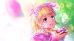  1girl :d bangs blonde_hair blue_eyes bow cherry_blossoms eyebrows_visible_through_hair hair_bow kagamine_rin long_sleeves looking_at_viewer nail_polish office_lady open_mouth pink_bow pink_nails pink_shirt portrait shigemu_room shirt short_hair smile swept_bangs vocaloid white_background 