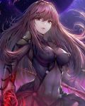  1girl bangs bodysuit breasts closed_mouth commentary covered_navel covered_nipples dual_wielding eyebrows_visible_through_hair fate/grand_order fate_(series) gae_bolg hisahisahisahisa holding light_particles lips long_hair looking_at_viewer medium_breasts pauldrons polearm purple_bodysuit purple_hair red_eyes redhead revision scathach_(fate)_(all) scathach_(fate/grand_order) skin_tight solo spear standing static weapon 