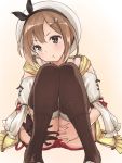  1girl atelier_(series) atelier_ryza bangs brown_eyes brown_hair gloves gradient gradient_background hair_ornament hairclip hat highres jewelry looking_at_viewer minazuki_minao necklace reisalin_stout short_hair short_shorts shorts simple_background single_glove sitting solo thigh-highs 