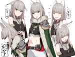 1girl animal_ear_fluff animal_ears belt blush cape character_request copyright_request crossed_arms elbow_gloves flying_sweatdrops fur-trimmed_cape fur_trim gloves green_cape green_eyes grey_hair kageshio_(276006) midriff multiple_views navel open_mouth smile solo white_background 