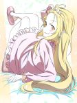  blonde_hair brown_eyes eromanga_sensei forehead highres long_hair looking_at_viewer pajamas pink_pajamas pink_x slippers smile yamada_elf 