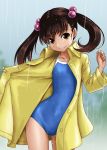  1girl ass_visible_through_thighs blue_swimsuit brown_eyes brown_hair collarbone commentary_request competition_school_swimsuit contrapposto flat_chest long_hair looking_at_viewer open_clothes original rain raincoat rohitsuka school_swimsuit smile solo standing swimsuit 