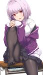  1girl absurdres bangs black_legwear black_skirt blush breasts collared_shirt commentary_request crotch_seam desk eyebrows_visible_through_hair grin hands_on_own_knees highres hood hood_down hooded_jacket interlocked_fingers jacket knee_up large_breasts lavender_hair long_sleeves looking_at_viewer nanaku_teiru no_shoes off_shoulder on_desk open_mouth panties panties_under_pantyhose pantyhose pleated_skirt purple_neckwear red_eyes revision school_desk school_uniform see-through shinjou_akane shirt short_hair simple_background sitting skirt skirt_lift smile solo ssss.gridman underwear white_background white_shirt 