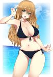  1girl absurdres alternate_eye_color arm_up armpits bangs bikini black_bikini blonde_hair blue_sky blush border breasts clouds cowboy_shot day eyebrows_visible_through_hair front-tie_bikini front-tie_top green_eyes groin hair_between_eyes halterneck head_tilt highres kirisame_marisa large_breasts long_hair navel no_hat no_headwear ocean open_mouth outdoors outside_border paburisiyasu side-tie_bikini sky solo standing stomach swimsuit thighs touhou water white_border 