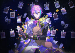  1boy black_gloves blue_hair card chinese_commentary closed_mouth commentary_request copyright_notice five_of_clubs flower gloves guest_art hair_between_eyes holding holding_stuffed_toy jacket kamishiro_rui kazenemuri kusanagi_nene looking_at_viewer male_focus multicolored_hair multicolored_jacket nine_of_clubs official_art ootori_emu photo_(object) playing_card polaroid_photo project_sekai purple_flower purple_hair second-party_source seven_of_clubs six_of_clubs smile solo solo_focus streaked_hair stuffed_toy ten_of_clubs tenma_tsukasa three_of_clubs two-tone_hair two_of_clubs wonderlands_x_showtime_(project_sekai) yellow_eyes 