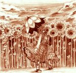  brown cloud flower flower_field kazami_yuuka loafers monochrome nature parasol plaid plaid_skirt plaid_vest sepia shiina_aya shoes short_hair skirt skirt_set standing sunflower touhou umbrella 