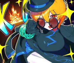  1girl black_coat black_dress black_gloves black_hat blonde_hair breasts brown-tinted_eyewear brown_background china_dress chinese_clothes cinq_association_east_uniform coat coat_on_shoulders don_quixote_(project_moon) dress earrings explosion gloves hat highres jade_bracelet jewelry limbus_company looking_at_viewer nr6nzqrcgf60864 ofuda_earrings one_eye_closed open_mouth orange_eyes partially_opaque_sunglasses project_moon round_eyewear short_hair simple_background single_earring solo sparkle sunglasses tinted_eyewear upper_body 