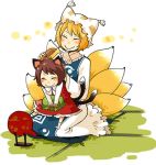  2girls :&gt; animal_ears blonde_hair blush brown_hair cat_ears cat_tail chen closed_eyes comb fox_tail hat hat_removed headwear_removed mashuu_masaki mirror multiple_girls multiple_tails on_lap short_hair sitting size_difference smile socks tail touhou wariza yakumo_ran 