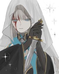  1girl black_gloves blood blood_on_face blue_eyes dagger fate/grand_order fate_(series) gloves hair_between_eyes highres holding holding_dagger holding_knife holding_weapon knife long_hair morgan_le_fay_(fate) morgan_le_fay_(queen_of_winter)_(fate) rurubusandayo simple_background solo spikes weapon white_hair 