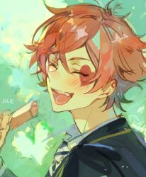  1boy ace_trappola arm_up black_jacket blush closed_eyes commentary_request diagonal-striped_clothes diagonal-striped_necktie facial_mark fang hair_between_eyes heart jacket korean_commentary kuzuvine laughing male_focus necktie night_raven_college_uniform open_mouth orange_hair parted_bangs school_uniform shirt short_hair sketch solo striped_clothes striped_necktie suit_jacket teeth tongue twisted_wonderland upper_body white_shirt 