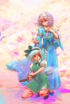  butterflies butterfly fan japanese_clothes katana kimono kneeling konpaku_youmu nichiru petals pink_hair ribbon ribbons saigyouji_yuyuko short_hair silver_hair sword touhou weapon 