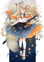  1girl absurdres animal_ears asa_no_ha_(pattern) autumn_leaves blonde_hair blunt_bangs blush fox_ears fox_girl fox_mask fox_shadow_puppet fox_tail full_body head_tilt highres katana leaf long_hair looking_at_viewer maple_leaf mask mask_on_head neckerchief orange_neckerchief orange_ribbon original pleated_skirt ribbon sandals sanshichi_fu school_uniform seigaiha serafuku sheath sheathed short_sleeves skirt smile socks solo standing sword tabi tail unmoving_pattern very_long_hair wavy_hair weapon yellow_eyes 
