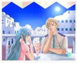  ask blonde_hair blue_eyes blue_hair blush city cloud clouds food glasses good_end green_eyes ice_cream klan_klein long_hair macross macross_frontier mikhail_buran necktie pointy_ears school_uniform short_hair sky smile sun twintails 