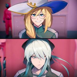  2girls aesc_(fate) aesc_(rain_witch)_(fate) black_bow blonde_hair blue_eyes bow braid dual_persona fate/grand_order fate_(series) glasses hair_between_eyes hair_bow long_hair looking_at_viewer morgan_le_fay_(fate) multiple_girls ponytail shoyumagi single_braid smile white_hair witch 