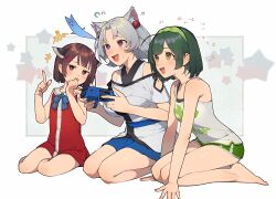  3girls animal_ear_fluff animal_ears barefoot beads blue_bow blue_bowtie blue_sash blue_skirt blush bow bowtie brown_hair casual commentary_request controller dress fox_ears game_controller ghost green_hair green_hairband green_shorts grey_hair hair_beads hair_ornament hairband hairclip headgear highres holding holding_controller holding_game_controller index_finger_raised multiple_girls open_mouth orange_eyes pea_pod red_dress red_eyes sash seiza shirinda_fureiru short_hair shorts siblings sisters sitting skirt star_(symbol) striped_bow striped_bowtie striped_clothes sweat tank_top touhoku_itako touhoku_kiritan touhoku_zunko violet_eyes voiceroid white_tank_top yokozuwari 