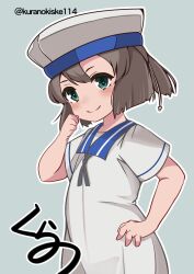  1girl artist_logo artist_name black_hair blue_background blue_sailor_collar bob_cut daitou_(kancolle) dress hat high_ponytail highres kantai_collection kurano_kisuke logo one-hour_drawing_challenge ponytail sailor_collar sailor_dress sailor_hat short_hair short_ponytail short_sleeves smile solo standing twitter_username white_dress white_hat 