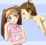  (^_^)_(pixiv198858) blush brown_eyes brown_hair bunny futami_mami hair_ribbon hair_ribbons idolmaster long_hair minase_iori muhi11234 multiple_girls rabbit ribbon ribbons short_hair side_ponytail sleeveless_shirt sportswear stuffed_animal stuffed_toy tennis_uniform twintails visor visor_cap 