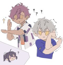  3boys :d ? blue_shirt casual chibi chibi_inset chibi_only collared_shirt cropped_torso crossed_bangs dark-skinned_male dark_skin double-parted_bangs ensemble_stars! failure gradient_clothes gradient_shirt grey_hair hair_between_eyes hair_intakes hands_up heart_hands_failure highres jitome kanzaki_souma looking_at_viewer male_focus messy_hair motion_lines motoyui multiple_boys ogami_koga open_clothes open_shirt otogari_adonis parted_bangs ponytail purple_background purple_hair raised_eyebrow shirt shirt_under_shirt short_hair short_sleeves sidelocks simple_background smile sparkle trembling v-shaped_eyebrows white_background whiten_wolf yellow_eyes you&#039;re_doing_it_wrong 