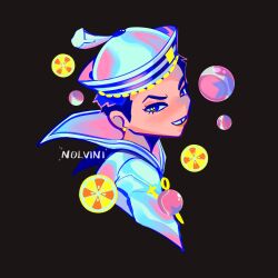  1boy black_background blue_eyes blue_hair blue_hat blue_sailor_collar blue_shirt cropped_torso dixie_cup_hat earrings english_commentary food fruit hat higashikata_josuke_(jojolion) highres jewelry jojo_no_kimyou_na_bouken jojolion lemon lemon_slice looking_at_viewer male_focus military_hat nolvini orange_(fruit) orange_slice sailor sailor_collar sailor_hat shirt short_hair smile soap_bubbles solo star_(symbol) star_print stud_earrings teeth 